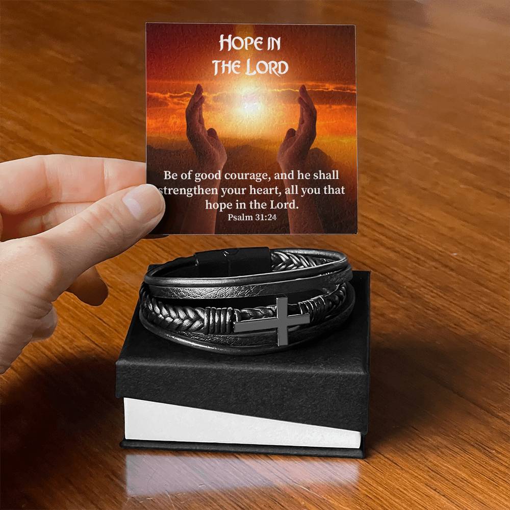 Hope in The Lord Psalm 31:24 Men's Stainless Steel & Vegan Leather Cross Bracelet - Vegan Leather with Stainless Steel-Express Your Love Gifts