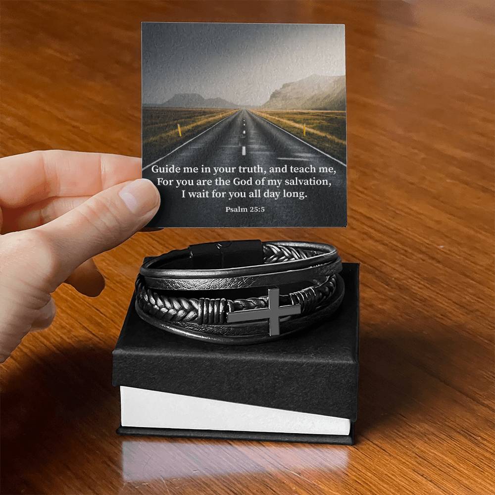 Guide Me Psalm 25:5 Men's Stainless Steel & Vegan Leather Cross Bracelet - Vegan Leather with Stainless Steel-Express Your Love Gifts