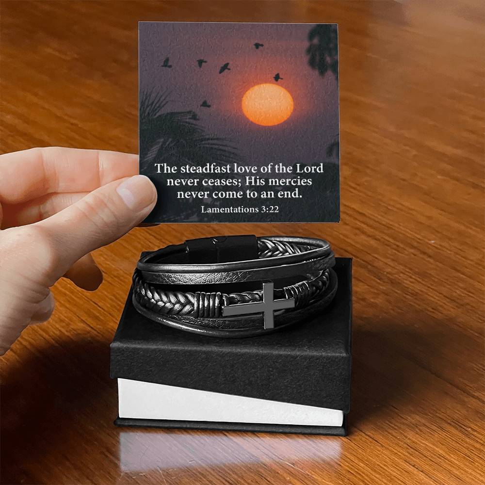 Love of Lord Never Ends Lamentations 3:22 Men's Stainless Steel & Vegan Leather Cross Bracelet - Vegan Leather with Stainless Steel-Express Your Love Gifts