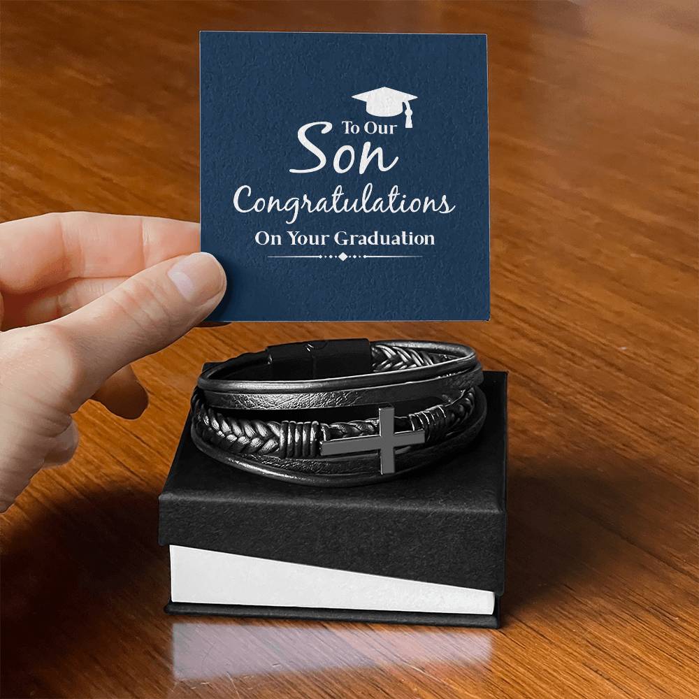 To Our Son Congratulations on Your Graduation Men's Cross Bracelet - Vegan Leather with Stainless Steel-Express Your Love Gifts