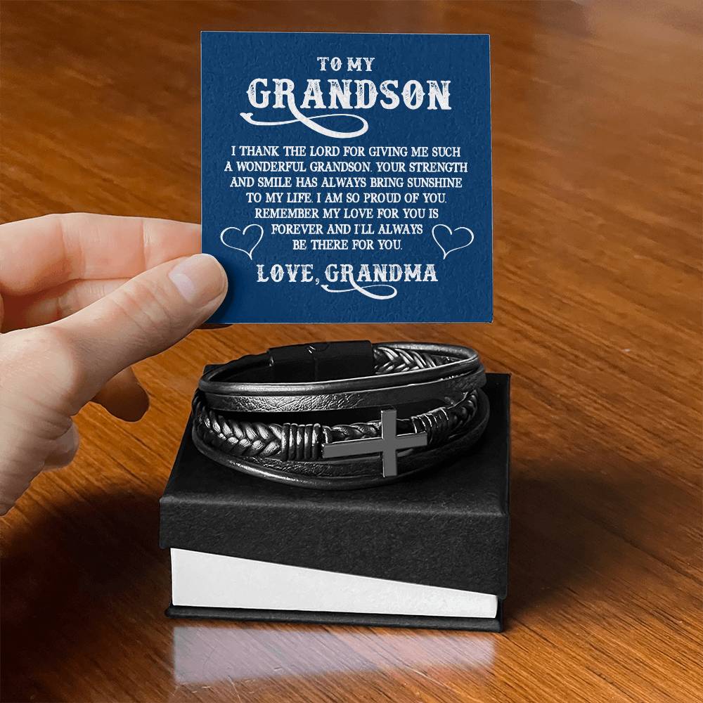 To My GrandSon I Thank The LORD For Giving Me Such Men's Cross Bracelet - Vegan Leather with Stainless Steel-Express Your Love Gifts