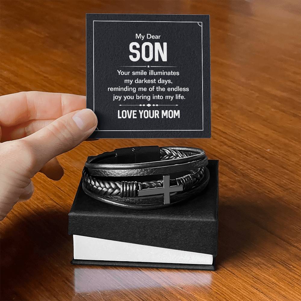 To My Son Your Smile Men's Cross Bracelet - Vegan Leather with Stainless Steel-Express Your Love Gifts