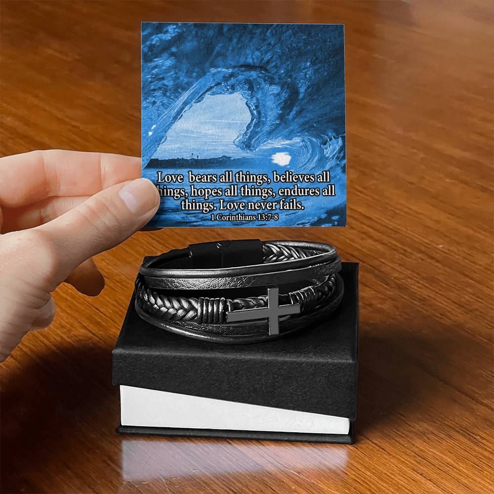 Love Bears All Water 1 Corinthians 13:7-8 Men's Stainless Steel & Vegan Leather Cross Bracelet - Vegan Leather with Stainless Steel-Express Your Love Gifts