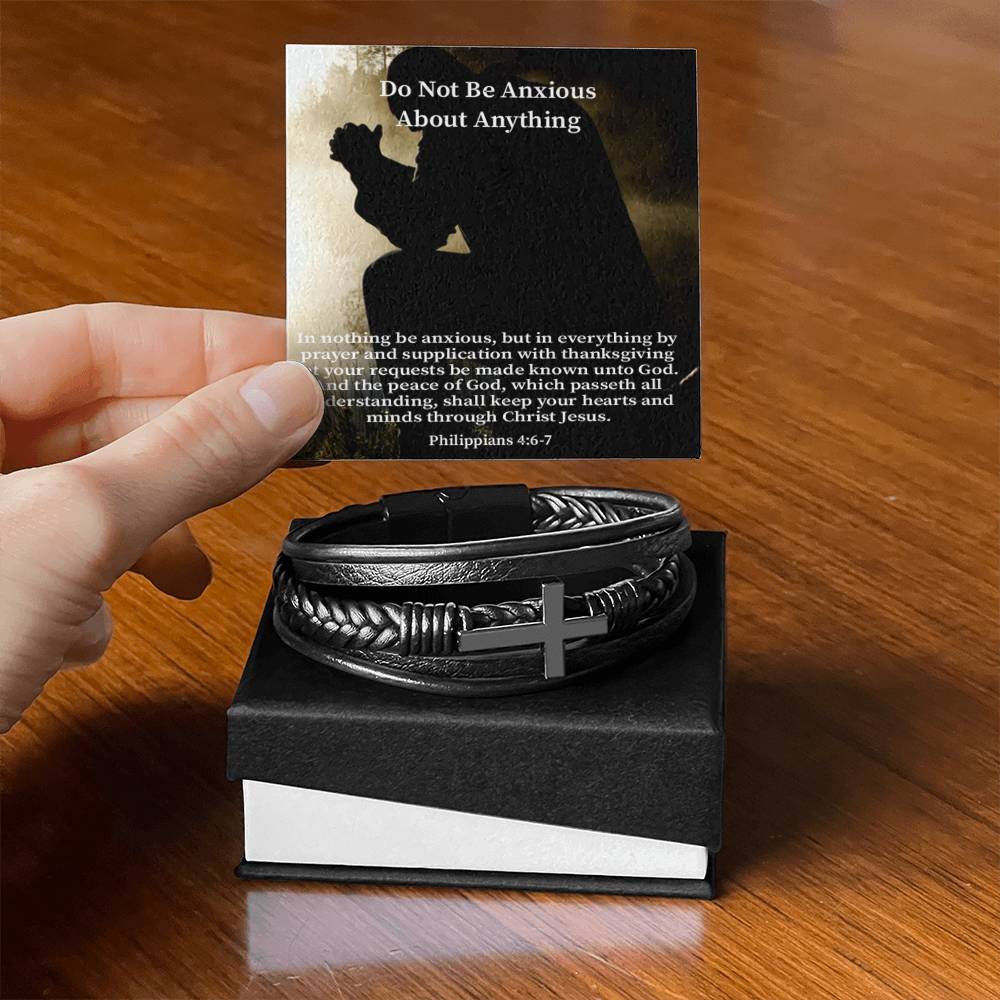 Do Not be Anxious About Anything Philippians 4:6-7 Men's Stainless Steel & Vegan Leather Cross Bracelet - Vegan Leather with Stainless Steel-Express Your Love Gifts