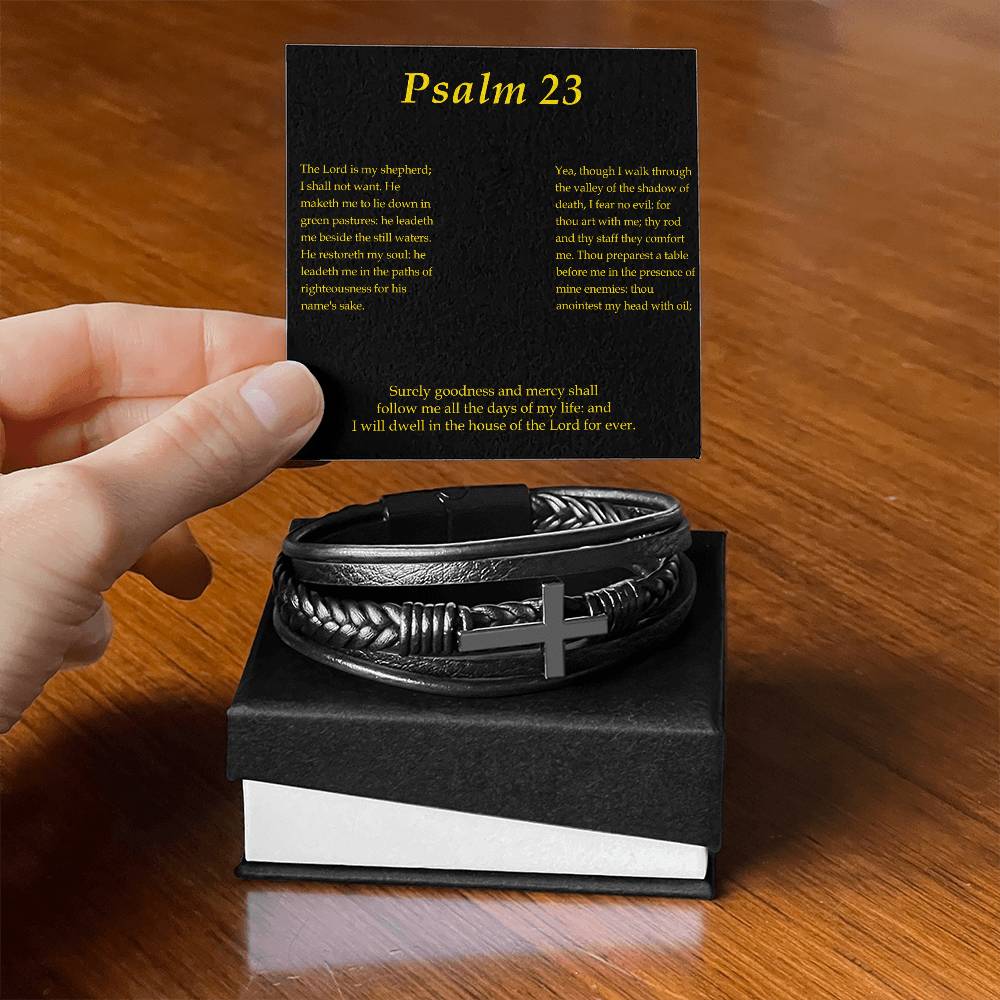 Lord is my Shepherd Psalm 23:2 Men's Stainless Steel & Vegan Leather Cross Bracelet - Vegan Leather with Stainless Steel-Express Your Love Gifts