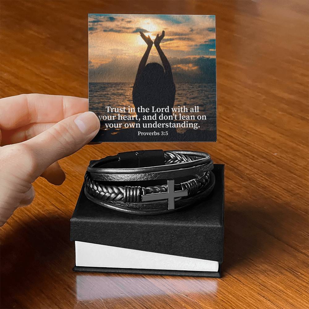 Trust in the Lord Proverbs 3:5 Men's Stainless Steel & Vegan Leather Cross Bracelet - Vegan Leather with Stainless Steel-Express Your Love Gifts