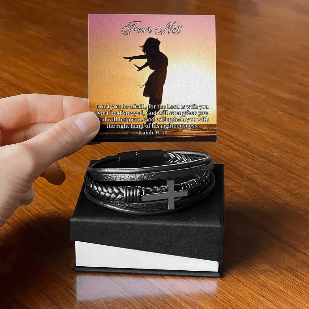 Fear Not Isaiah 41:10 Men's Stainless Steel & Vegan Leather Cross Bracelet - Vegan Leather with Stainless Steel-Express Your Love Gifts