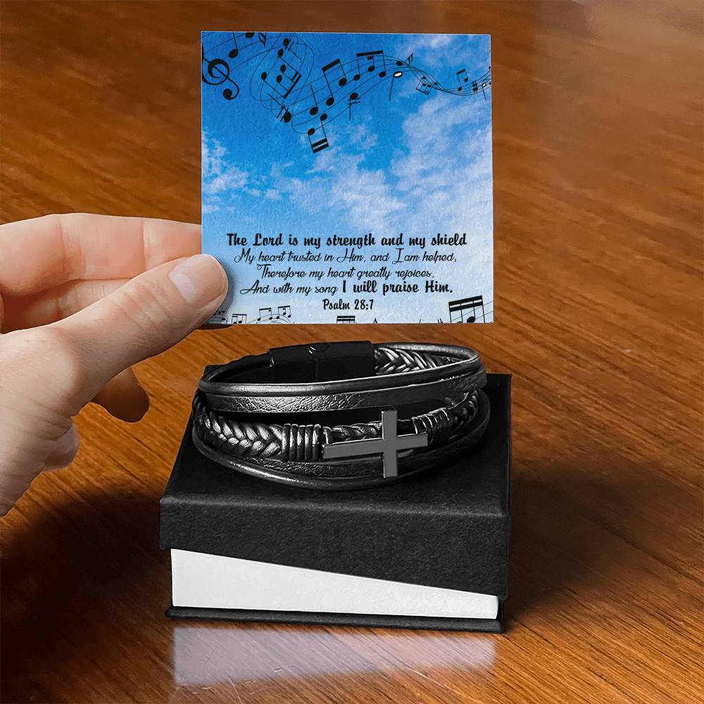 Lord is My Strength Psalm 28:7 Men's Stainless Steel & Vegan Leather Cross Bracelet - Vegan Leather with Stainless Steel-Express Your Love Gifts