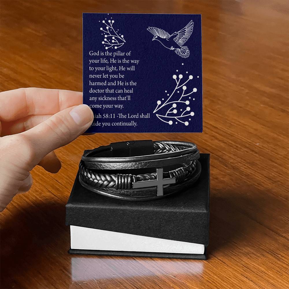 Get Well Isaiah 58:11 Men's Stainless Steel & Vegan Leather Cross Bracelet - Vegan Leather with Stainless Steel-Express Your Love Gifts