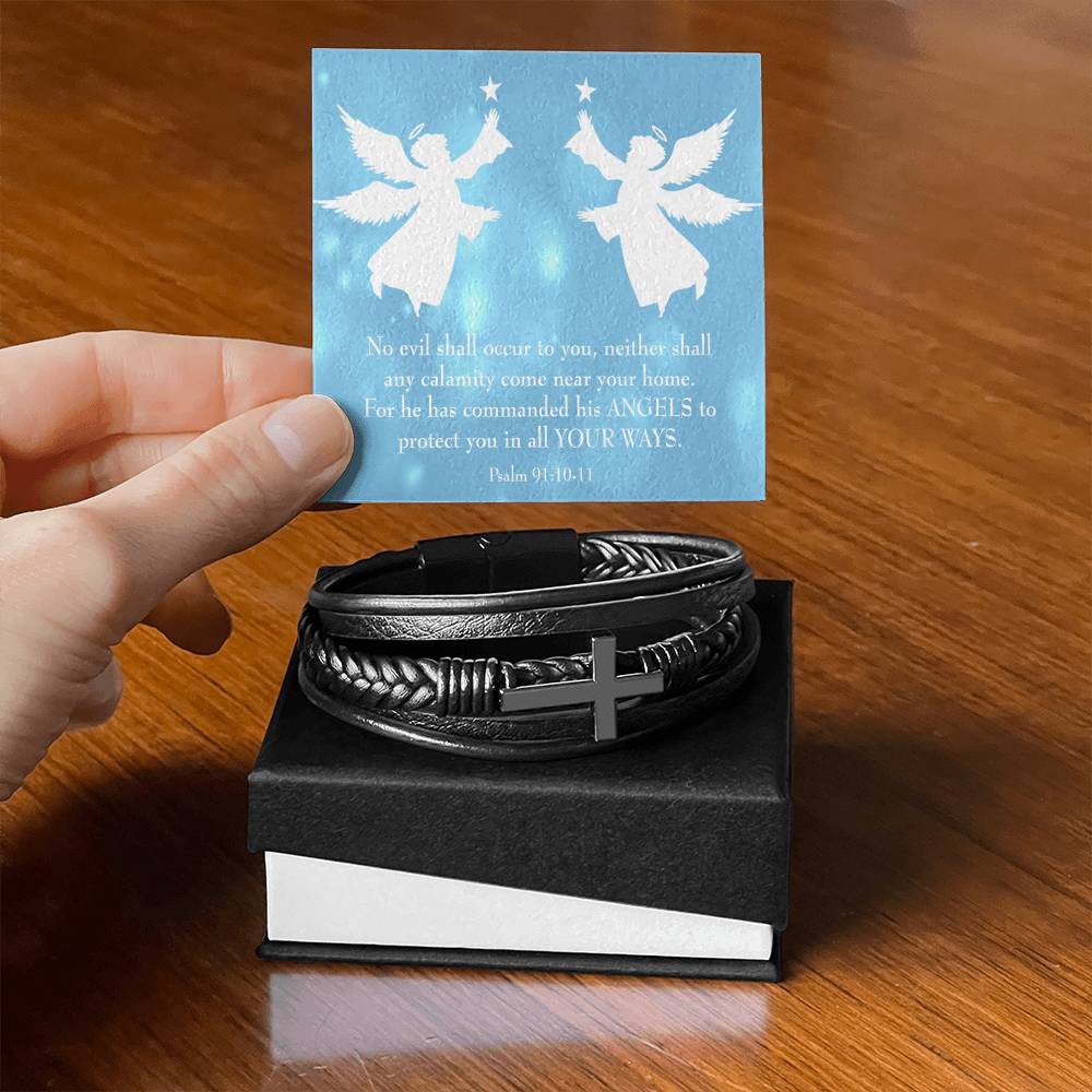 Psalm 91 Blue Men's Stainless Steel & Vegan Leather Cross Bracelet - Vegan Leather with Stainless Steel-Express Your Love Gifts