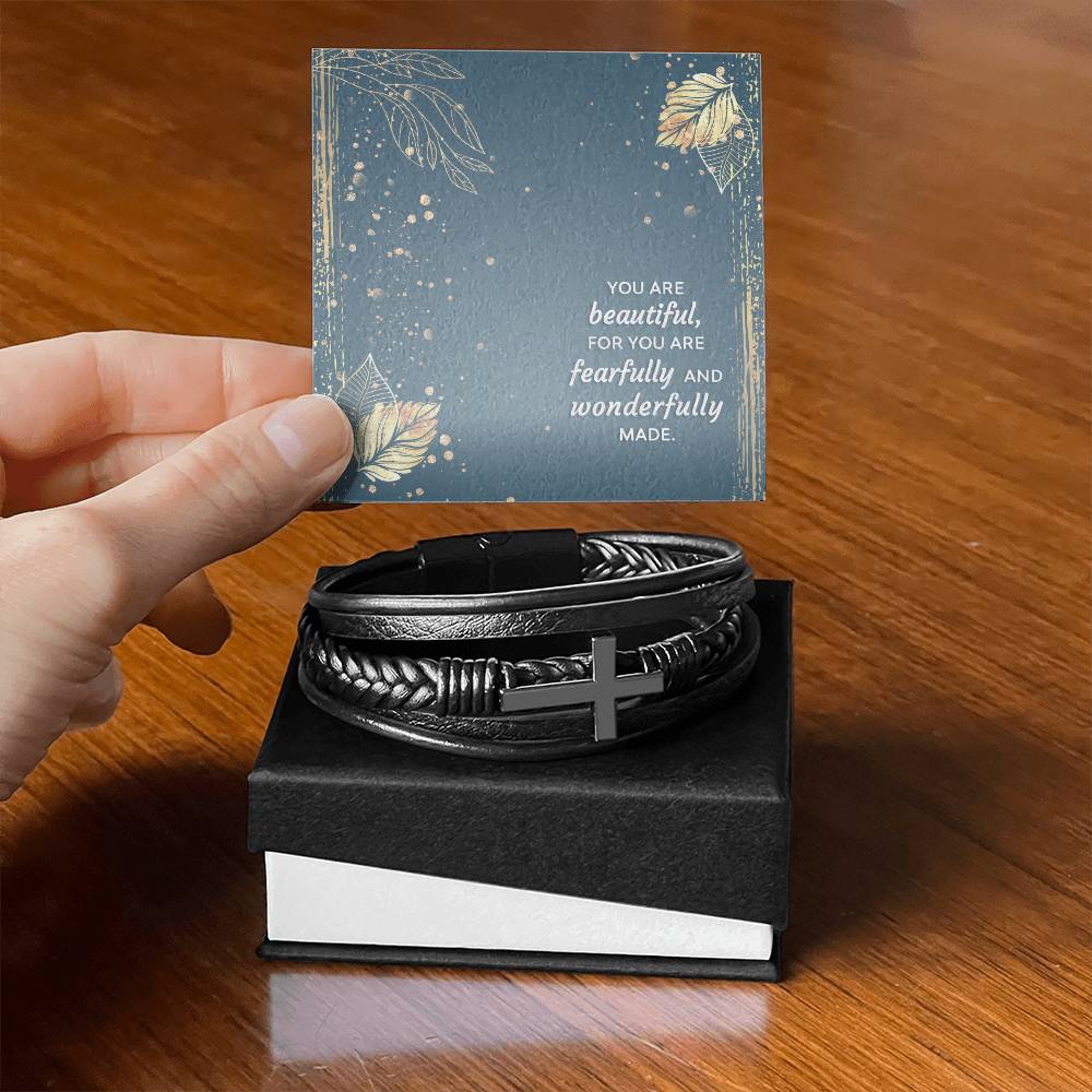 You Are Wonderfully Made Psalm 139:14 Men's Stainless Steel & Vegan Leather Cross Bracelet - Vegan Leather with Stainless Steel-Express Your Love Gifts