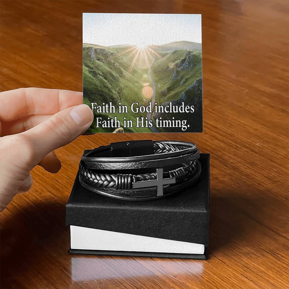 Faith in God's Timing Men's Stainless Steel & Vegan Leather Cross Bracelet - Vegan Leather with Stainless Steel-Express Your Love Gifts