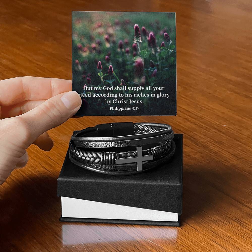 God Supply All Your Need Philippians 4:19 Men's Stainless Steel & Vegan Leather Cross Bracelet - Vegan Leather with Stainless Steel-Express Your Love Gifts
