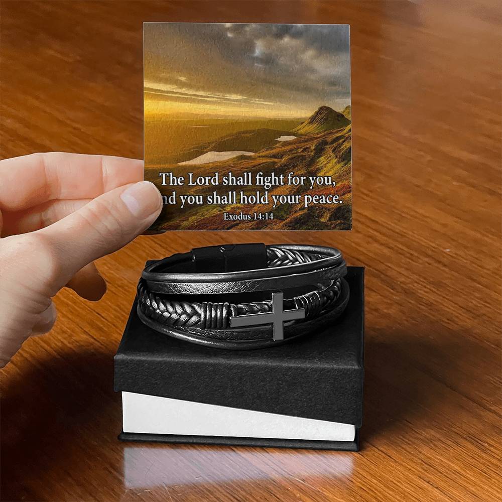 The Lord Shall Fight For You Exodus 14:14 Men's Stainless Steel & Vegan Leather Cross Bracelet - Vegan Leather with Stainless Steel-Express Your Love Gifts