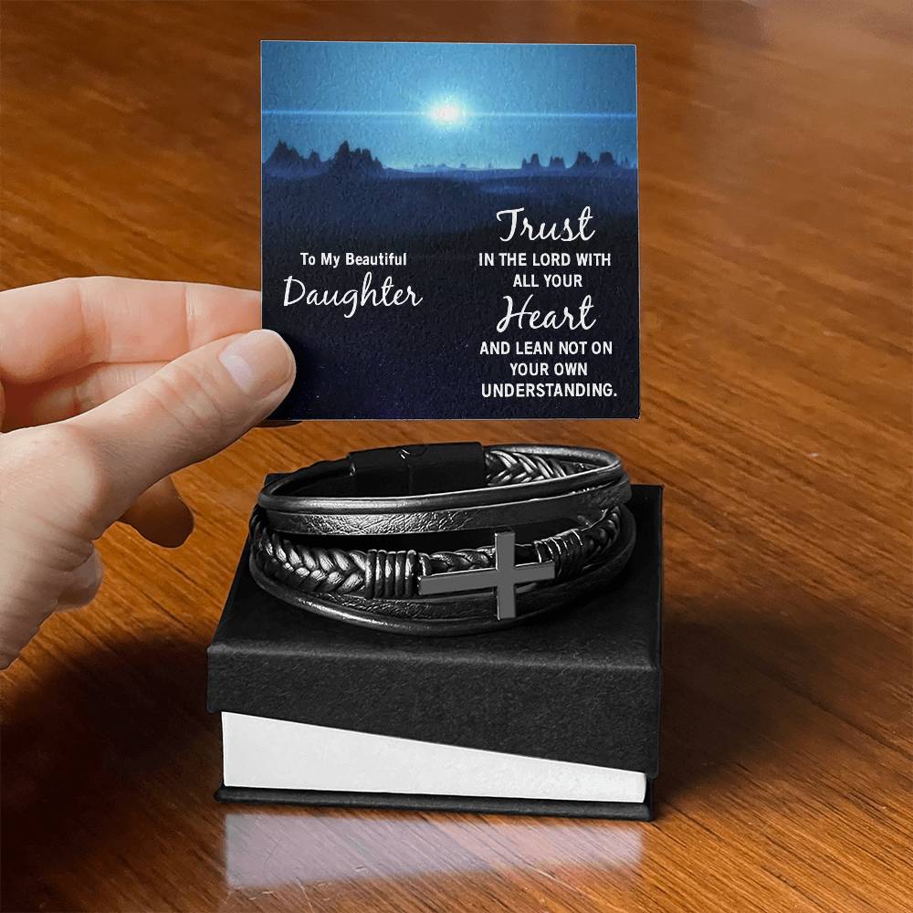 Trust in The Lord Proverbs 3:5-6 Men's Stainless Steel & Vegan Leather Cross Bracelet - Vegan Leather with Stainless Steel-Express Your Love Gifts