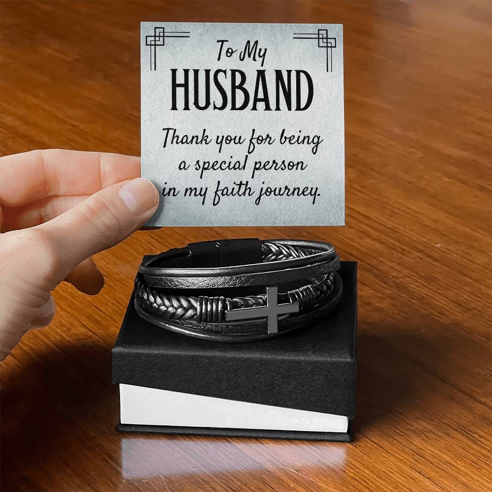 To My Husband Thank You for Being Special Men's Cross Bracelet - Vegan Leather with Stainless Steel-Express Your Love Gifts