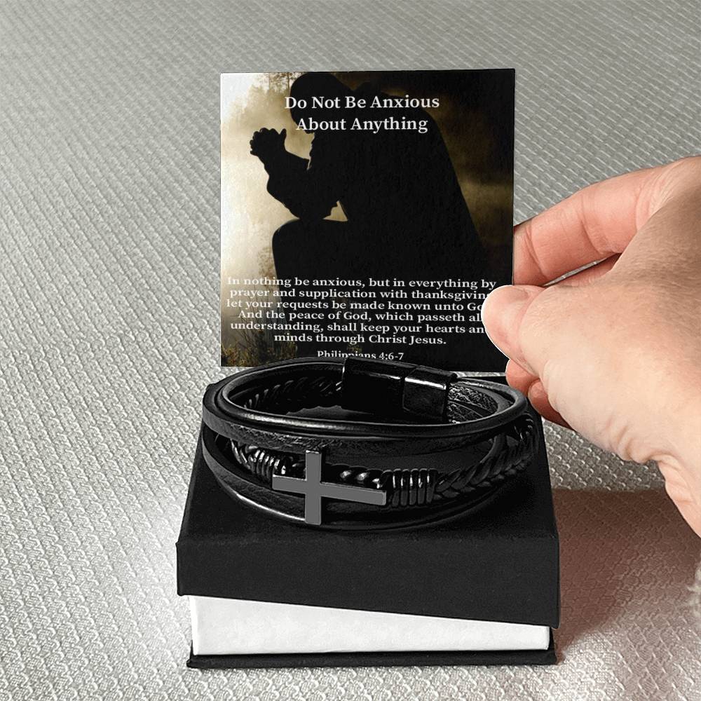 Do Not be Anxious About Anything Philippians 4:6-7 Men's Stainless Steel & Vegan Leather Cross Bracelet - Vegan Leather with Stainless Steel-Express Your Love Gifts
