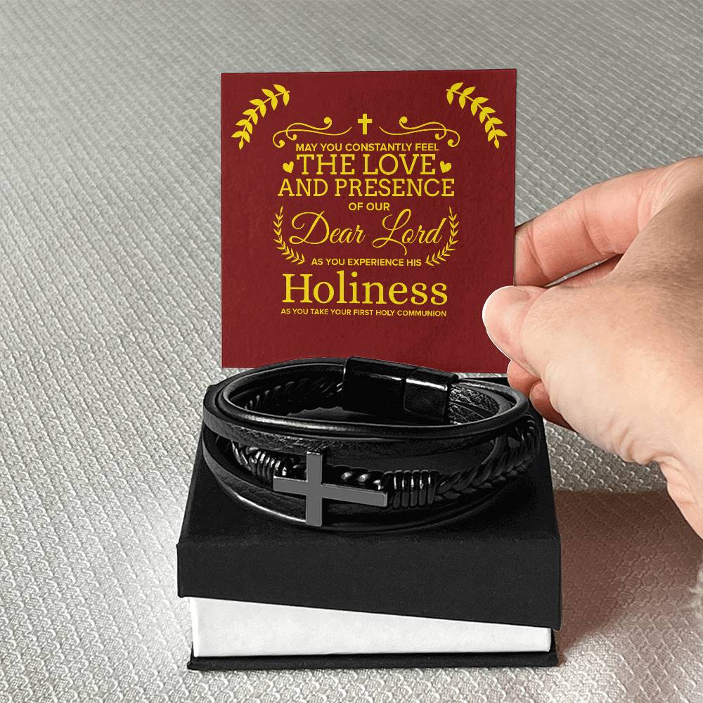 Our Dear Lord First Communion Men's Stainless Steel & Vegan Leather Cross Bracelet - Vegan Leather with Stainless Steel-Express Your Love Gifts