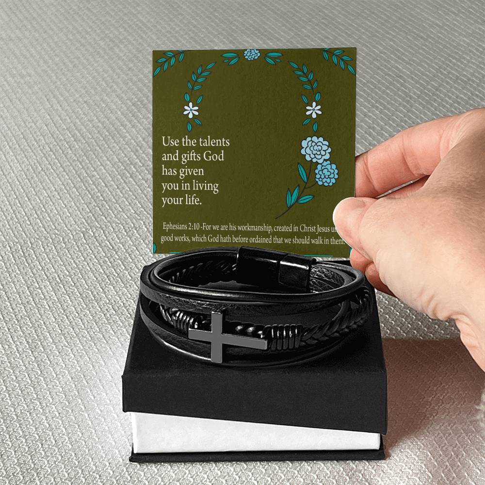 You Are God's Workmanship Ephesians 2:10 Men's Stainless Steel & Vegan Leather Cross Bracelet - Vegan Leather with Stainless Steel-Express Your Love Gifts