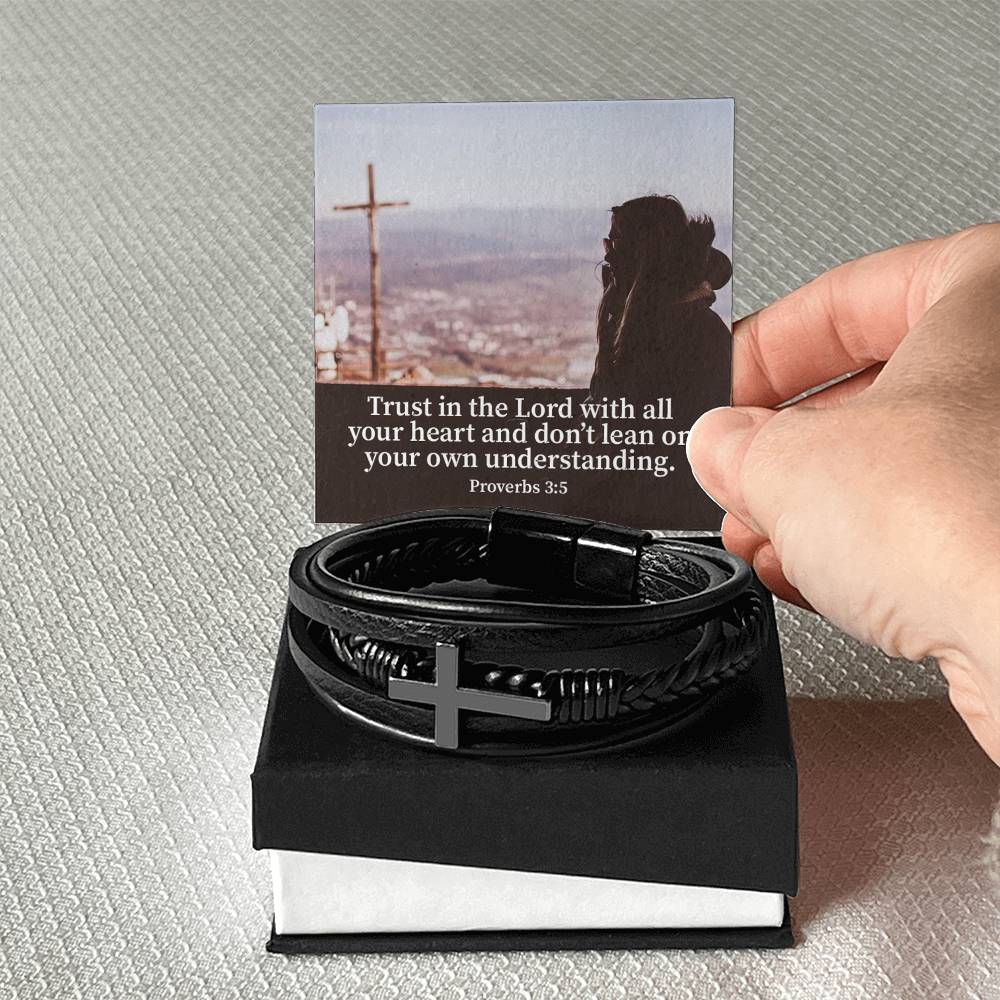 Trust Proverbs 3:5 Men's Stainless Steel & Vegan Leather Cross Bracelet - Vegan Leather with Stainless Steel-Express Your Love Gifts
