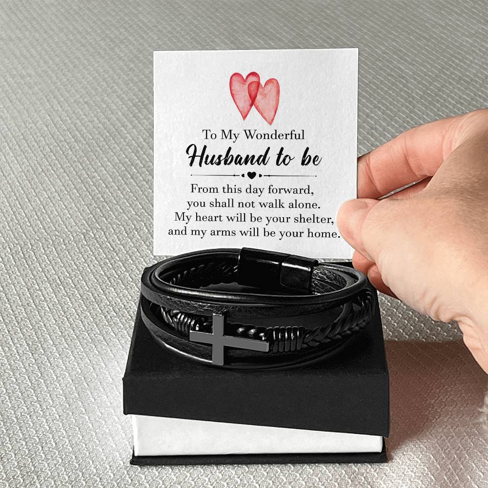 To My Wonderful Husband To Be Men's Cross Bracelet - Vegan Leather with Stainless Steel-Express Your Love Gifts