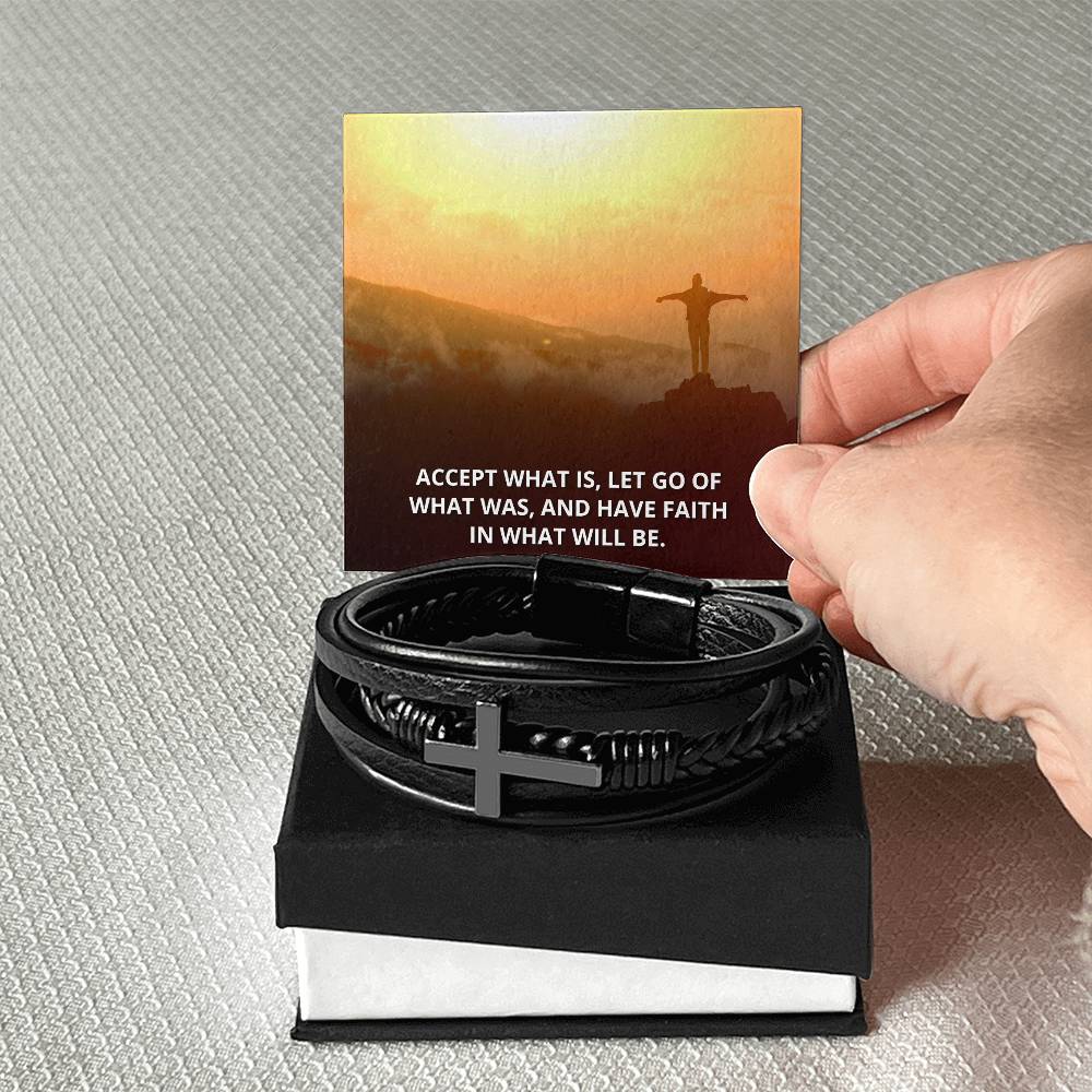 Accept What Is Men's Stainless Steel & Vegan Leather Cross Bracelet - Vegan Leather with Stainless Steel-Express Your Love Gifts