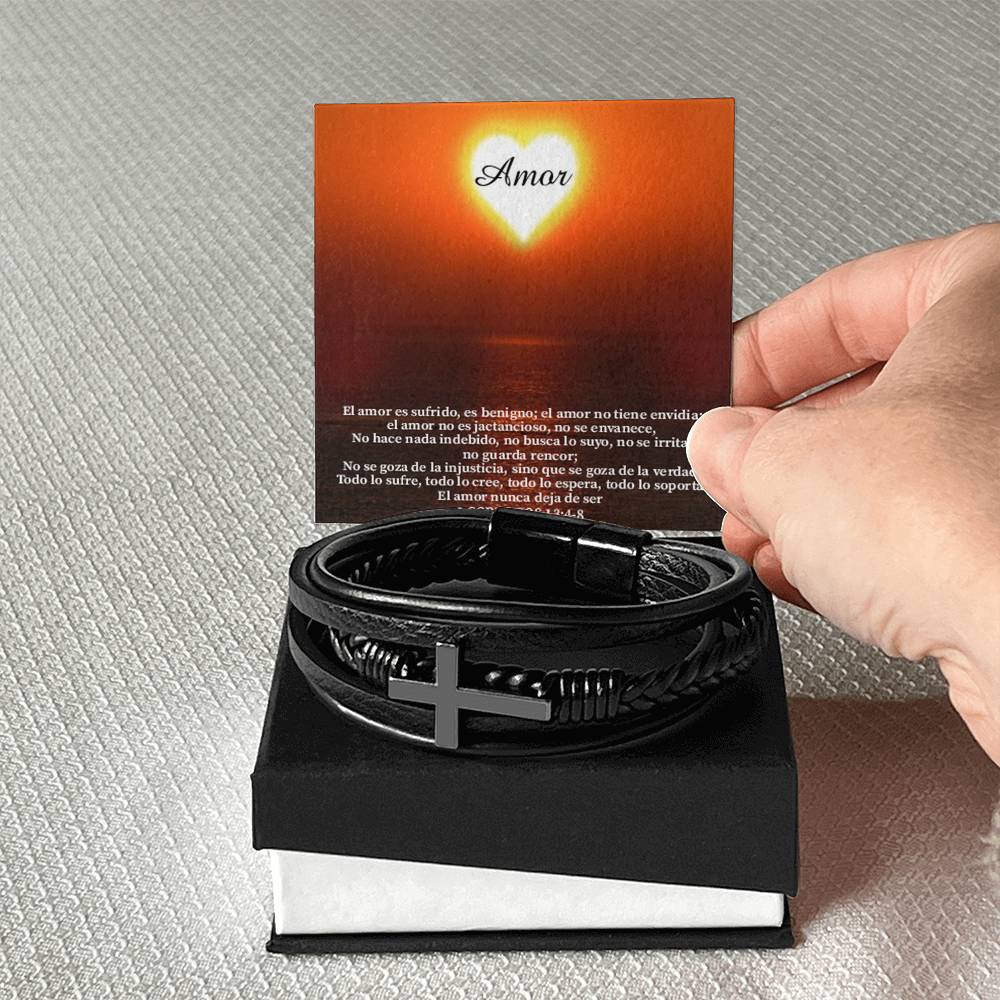 Amor Spanish Corintos 13:4-8 Men's Stainless Steel & Vegan Leather Cross Bracelet - Vegan Leather with Stainless Steel-Express Your Love Gifts