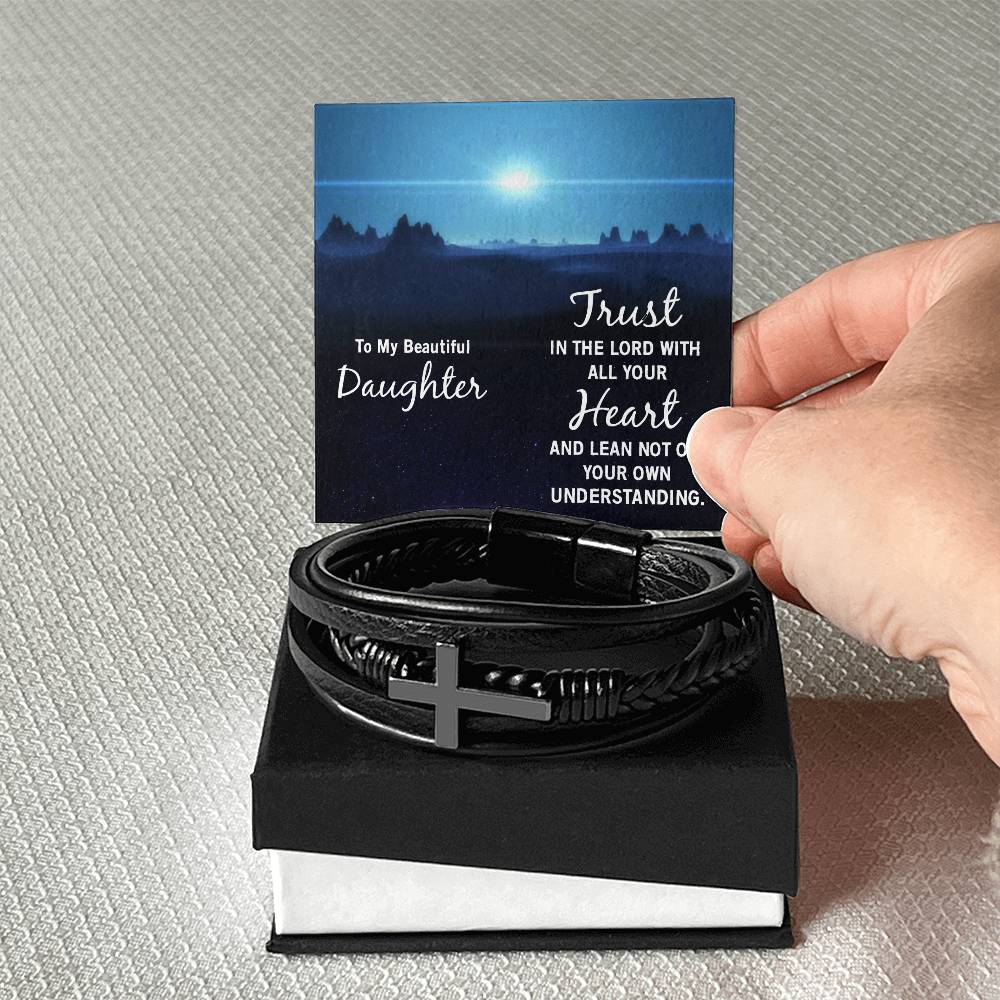 Trust in The Lord Proverbs 3:5-6 Men's Stainless Steel & Vegan Leather Cross Bracelet - Vegan Leather with Stainless Steel-Express Your Love Gifts