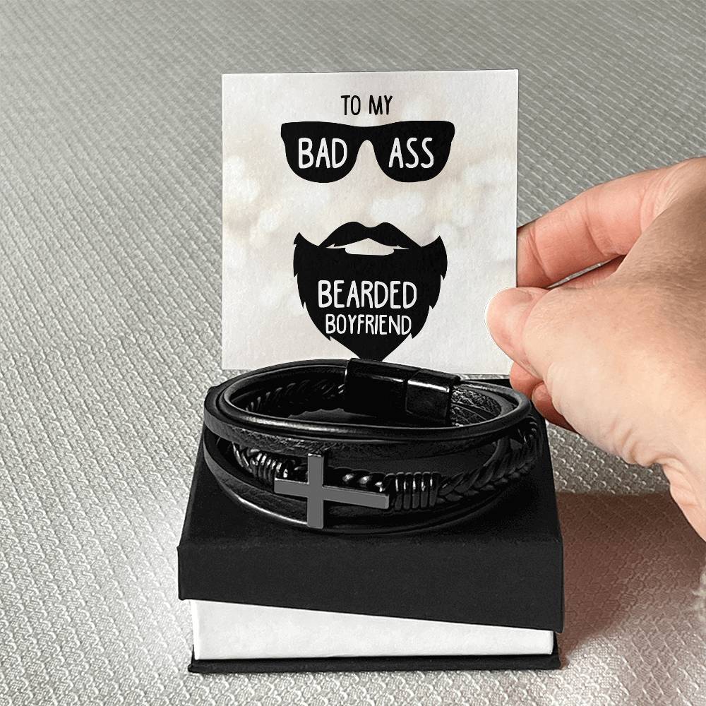 To My Badass Bearded Boyfriend Men's Cross Bracelet - Vegan Leather with Stainless Steel-Express Your Love Gifts