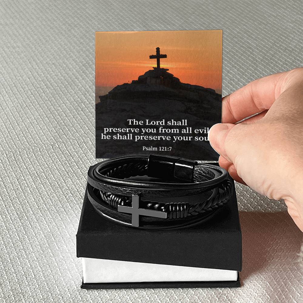 Hope Psalm 121:7 Men's Stainless Steel & Vegan Leather Cross Bracelet - Vegan Leather with Stainless Steel-Express Your Love Gifts