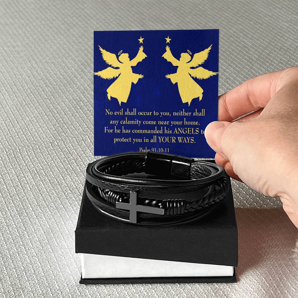 Angels Over You Psalm 91 Men's Stainless Steel & Vegan Leather Cross Bracelet - Vegan Leather with Stainless Steel-Express Your Love Gifts