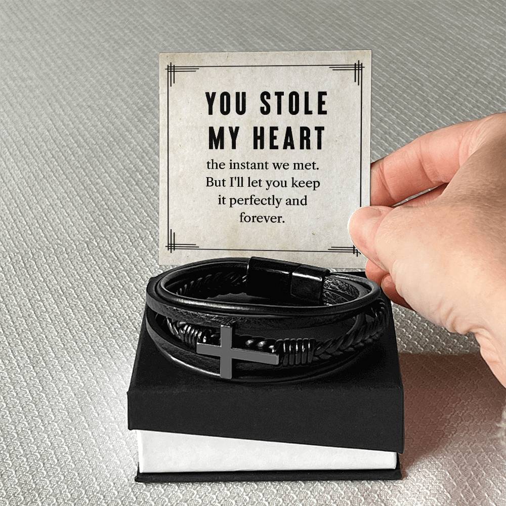 My To Man You Stole My Heart Men's Cross Bracelet - Vegan Leather with Stainless Steel-Express Your Love Gifts