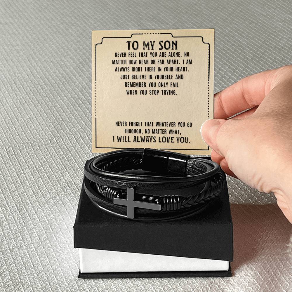 To My Son Never Feel That Men's Cross Bracelet - Vegan Leather with Stainless Steel-Express Your Love Gifts