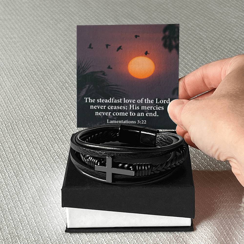 Love of Lord Never Ends Lamentations 3:22 Men's Stainless Steel & Vegan Leather Cross Bracelet - Vegan Leather with Stainless Steel-Express Your Love Gifts
