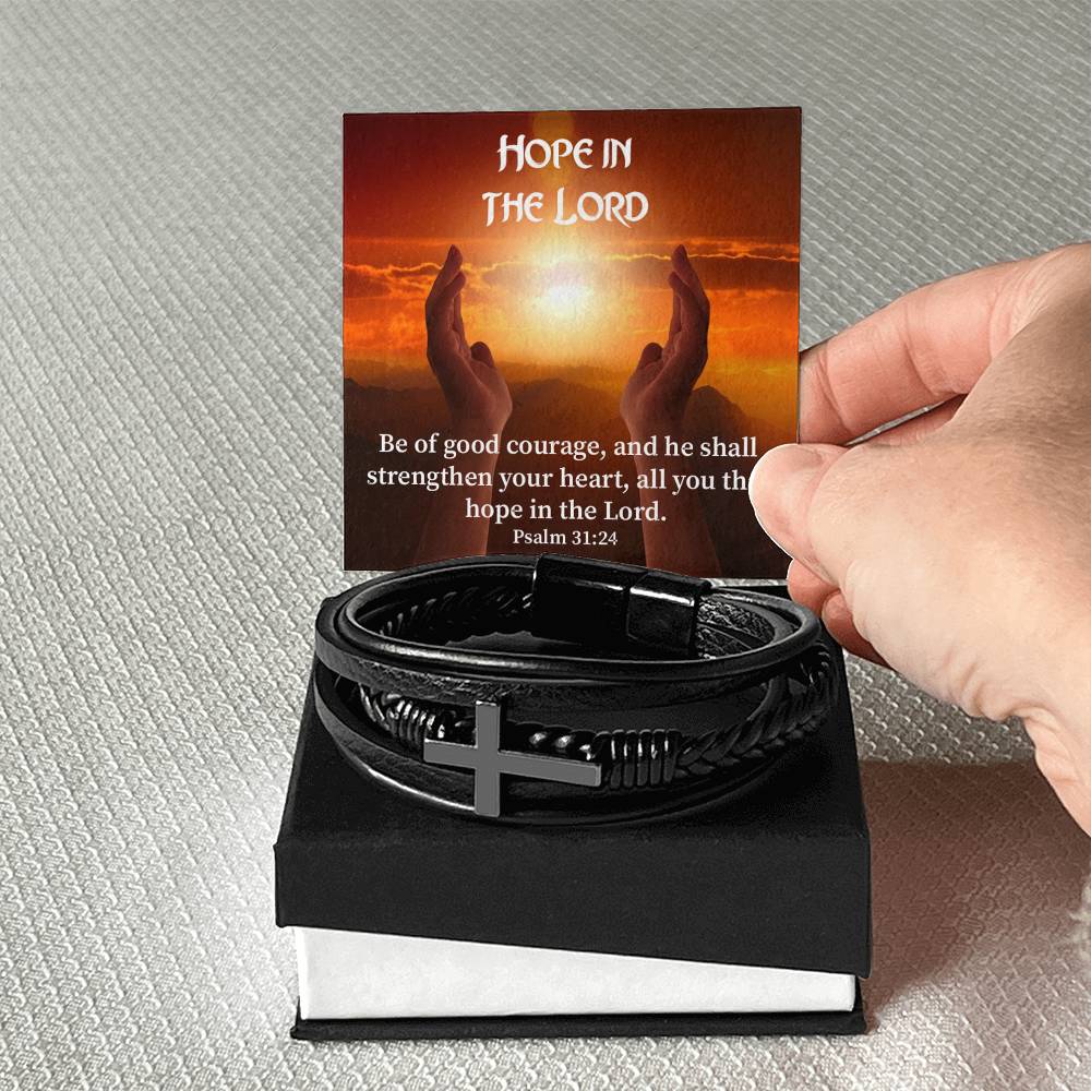 Hope in The Lord Psalm 31:24 Men's Stainless Steel & Vegan Leather Cross Bracelet - Vegan Leather with Stainless Steel-Express Your Love Gifts
