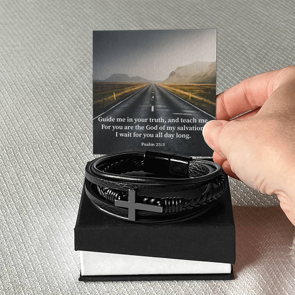 Guide Me Psalm 25:5 Men's Stainless Steel & Vegan Leather Cross Bracelet - Vegan Leather with Stainless Steel-Express Your Love Gifts