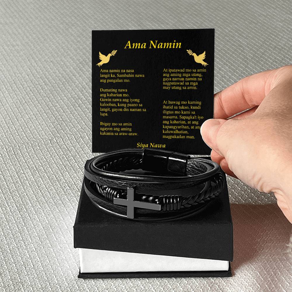 Lords Prayer Tagalog Ama Namin Men's Stainless Steel & Vegan Leather Cross Bracelet - Vegan Leather with Stainless Steel-Express Your Love Gifts