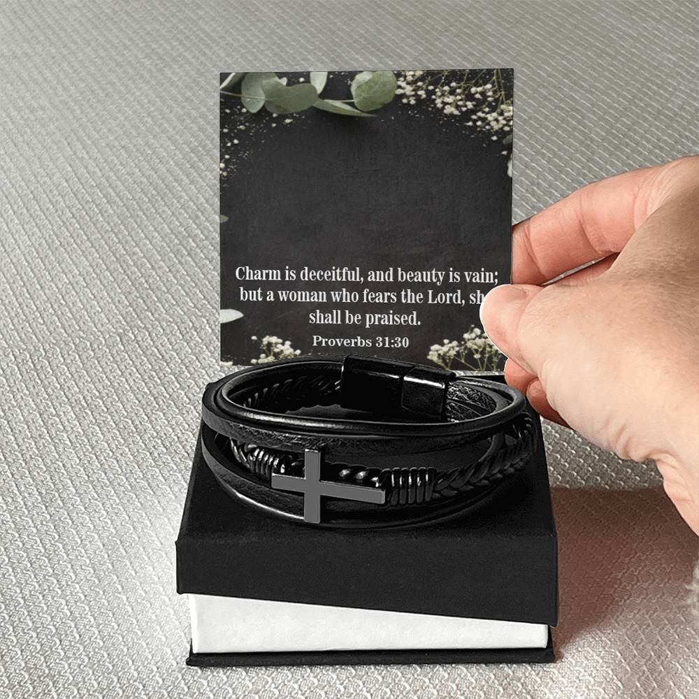 Fear the Lord Proverbs 31:30 Men's Stainless Steel & Vegan Leather Cross Bracelet - Vegan Leather with Stainless Steel-Express Your Love Gifts