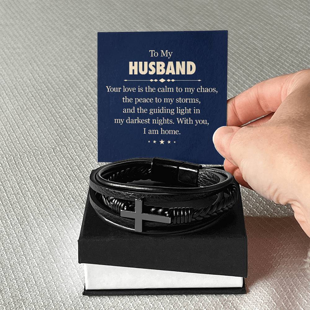 To My Husband Your Love is the Calm to My Chaos Men's Cross Bracelet - Vegan Leather with Stainless Steel-Express Your Love Gifts