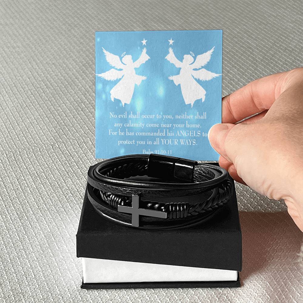 Psalm 91 Blue Men's Stainless Steel & Vegan Leather Cross Bracelet - Vegan Leather with Stainless Steel-Express Your Love Gifts