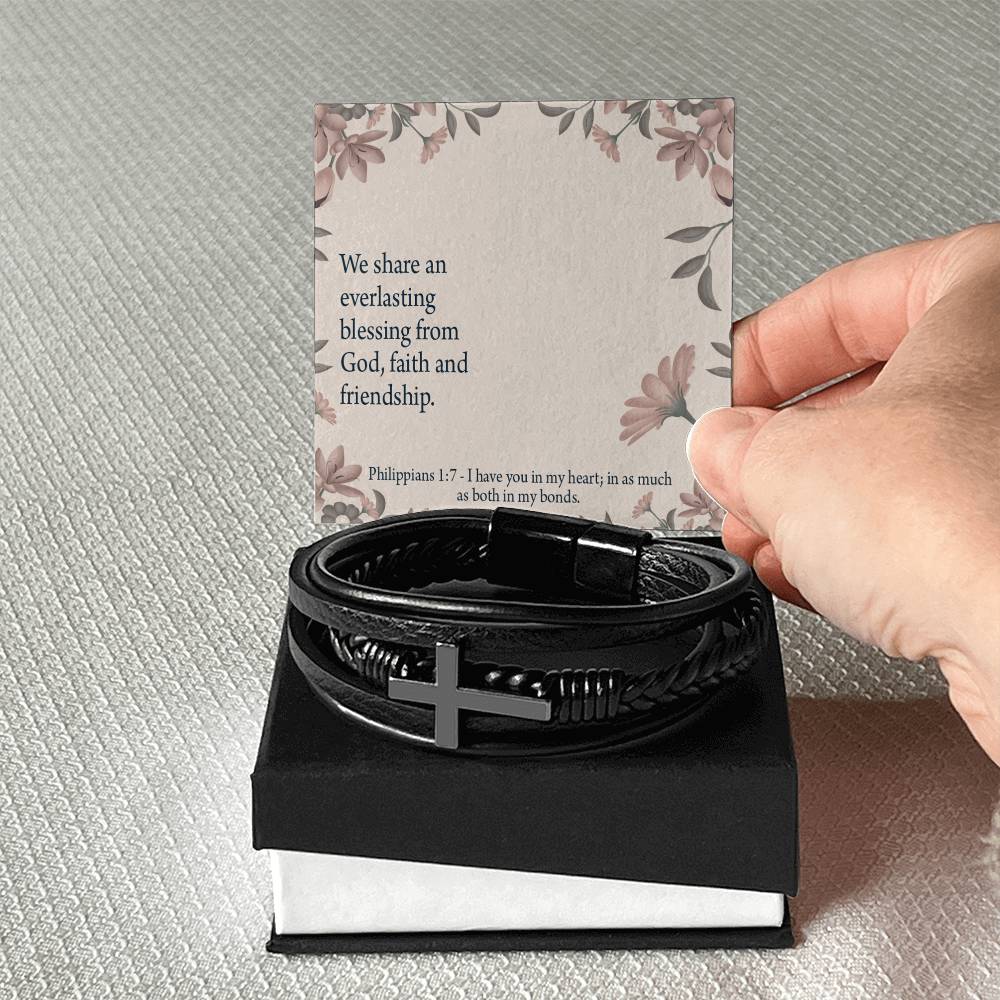 Friendship Philippians 1:7 Men's Stainless Steel & Vegan Leather Cross Bracelet - Vegan Leather with Stainless Steel-Express Your Love Gifts