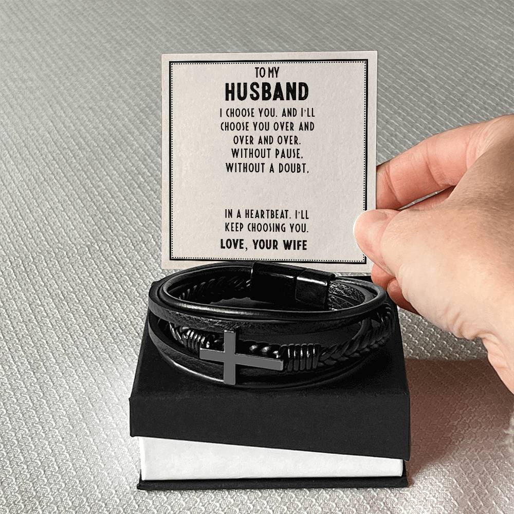 To My Husband I Choose You Men's Cross Bracelet - Vegan Leather with Stainless Steel-Express Your Love Gifts