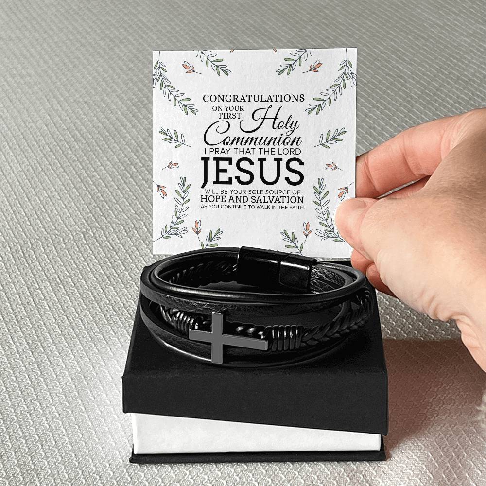 Congratulations on Your First Holy Communion Men's Stainless Steel & Vegan Leather Cross Bracelet - Vegan Leather with Stainless Steel-Express Your Love Gifts