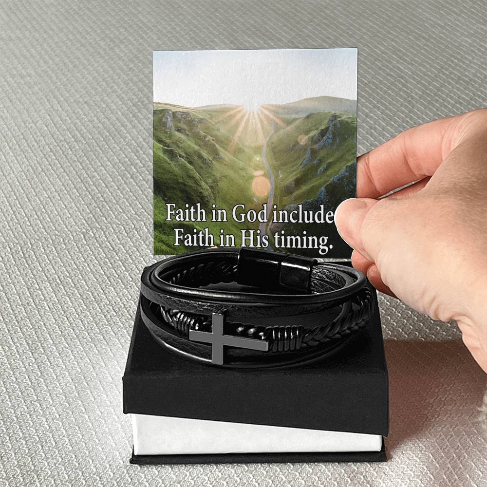 Faith in God's Timing Men's Stainless Steel & Vegan Leather Cross Bracelet - Vegan Leather with Stainless Steel-Express Your Love Gifts