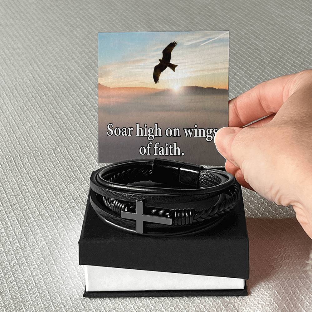 Soar High on Faith in Lord Isaiah 40:31 Men's Stainless Steel & Vegan Leather Cross Bracelet - Vegan Leather with Stainless Steel-Express Your Love Gifts