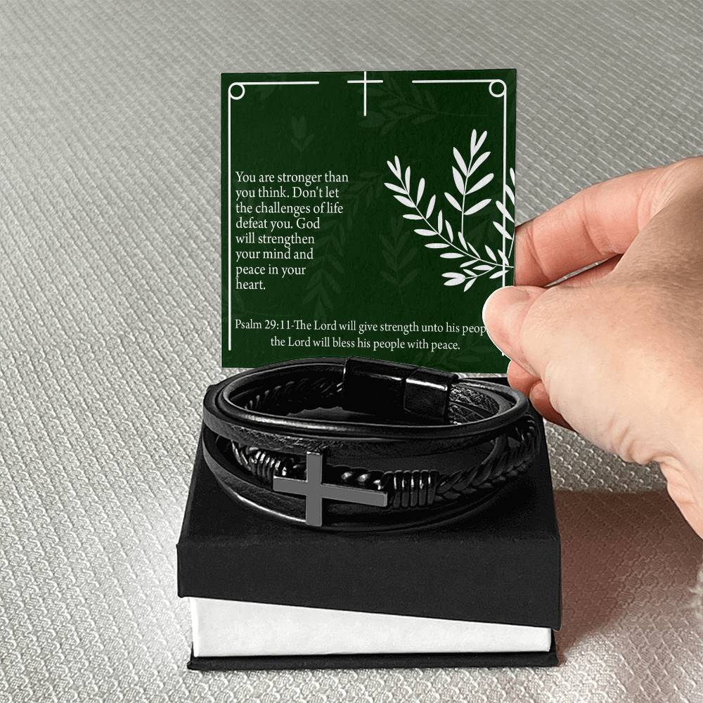 God Will Strengthen You Psalm 29:11 Men's Stainless Steel & Vegan Leather Cross Bracelet - Vegan Leather with Stainless Steel-Express Your Love Gifts
