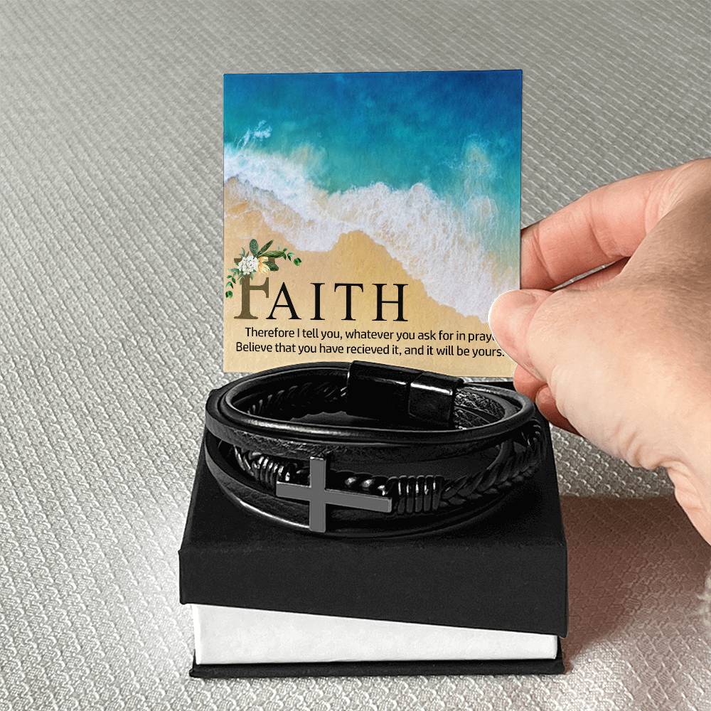 Therefor I Tell You Men's Stainless Steel & Vegan Leather Cross Bracelet - Vegan Leather with Stainless Steel-Express Your Love Gifts