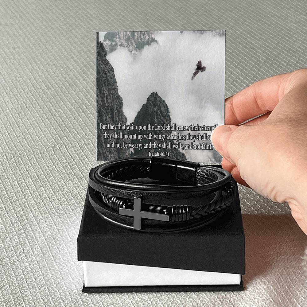 Renew Their Strength Isaiah 40:31 Men's Stainless Steel & Vegan Leather Cross Bracelet - Vegan Leather with Stainless Steel-Express Your Love Gifts