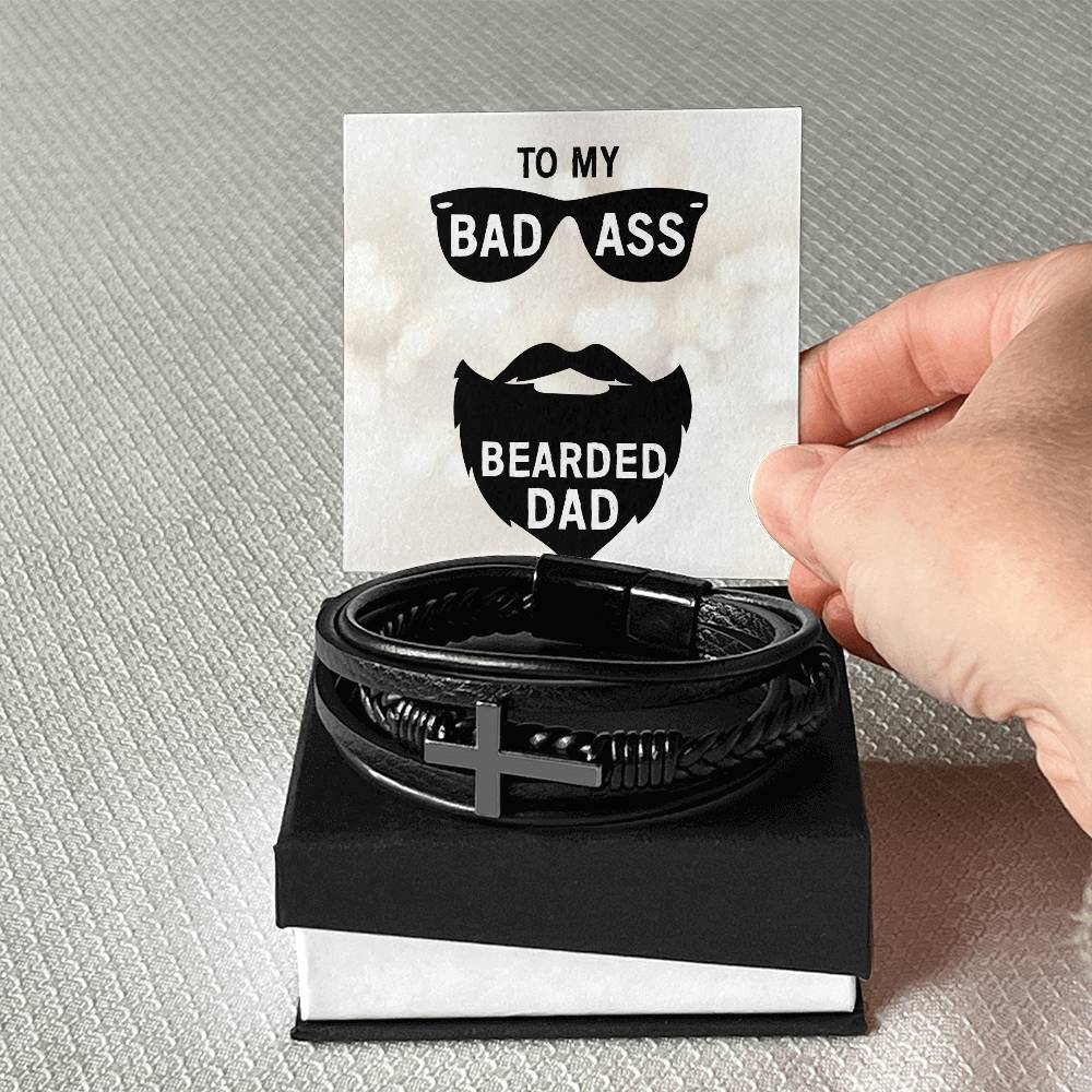 To My Badass Bearded Dad Men's Cross Bracelet - Vegan Leather with Stainless Steel-Express Your Love Gifts