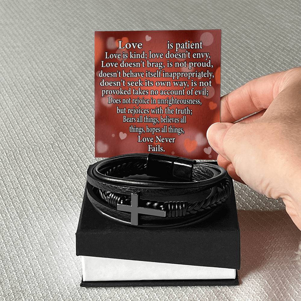 Love is Corinthians Men's Stainless Steel & Vegan Leather Cross Bracelet - Vegan Leather with Stainless Steel-Express Your Love Gifts